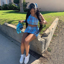 Load image into Gallery viewer, ANJAMANOR Plaid Print Sexy Two Piece Set One Shoulder Long Sleeve Crop Top Skirt Matching Sets Club Outfits Spring 2020 D0-AC72