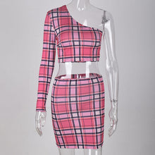 Load image into Gallery viewer, ANJAMANOR Plaid Print Sexy Two Piece Set One Shoulder Long Sleeve Crop Top Skirt Matching Sets Club Outfits Spring 2020 D0-AC72