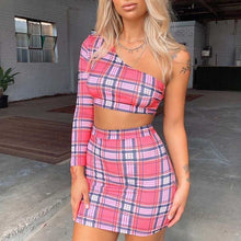 Load image into Gallery viewer, ANJAMANOR Plaid Print Sexy Two Piece Set One Shoulder Long Sleeve Crop Top Skirt Matching Sets Club Outfits Spring 2020 D0-AC72