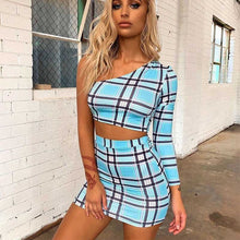Load image into Gallery viewer, ANJAMANOR Plaid Print Sexy Two Piece Set One Shoulder Long Sleeve Crop Top Skirt Matching Sets Club Outfits Spring 2020 D0-AC72