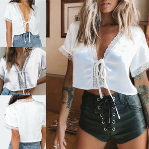 Women Satin Silk Tie Knot Crop Top Ladies 2019 V-Neck White Daily Casual Floral Lace Trim Open Stitch Bandage T-Shirts Outwear