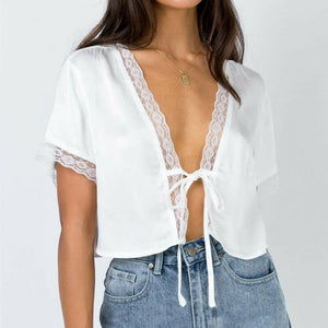 Women Satin Silk Tie Knot Crop Top Ladies 2019 V-Neck White Daily Casual Floral Lace Trim Open Stitch Bandage T-Shirts Outwear