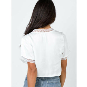 Women Satin Silk Tie Knot Crop Top Ladies 2019 V-Neck White Daily Casual Floral Lace Trim Open Stitch Bandage T-Shirts Outwear