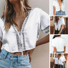 Load image into Gallery viewer, Women Satin Silk Tie Knot Crop Top Ladies 2019 V-Neck White Daily Casual Floral Lace Trim Open Stitch Bandage T-Shirts Outwear