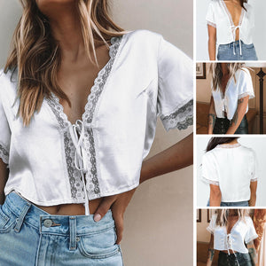 Women Satin Silk Tie Knot Crop Top Ladies 2019 V-Neck White Daily Casual Floral Lace Trim Open Stitch Bandage T-Shirts Outwear