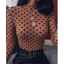 Load image into Gallery viewer, Womens Sheer Mesh Top Tee Casual T-shirts Lady Long Sleeve Turtleneck T Shirt Dots Slim Clubwear Tshirt