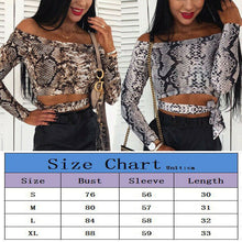 Load image into Gallery viewer, Off Shoulder Snake Skin Print Fitted Tee Long Sleeve Slim Spring Hollow Bowknot T Shirt Women Spring Autumn Fashion Ladies Tops