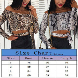 Off Shoulder Snake Skin Print Fitted Tee Long Sleeve Slim Spring Hollow Bowknot T Shirt Women Spring Autumn Fashion Ladies Tops