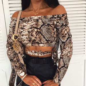 Off Shoulder Snake Skin Print Fitted Tee Long Sleeve Slim Spring Hollow Bowknot T Shirt Women Spring Autumn Fashion Ladies Tops