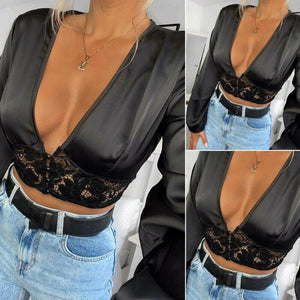 Womens Slim Sexy T Shirt Low Cut Club Cropped Tops Ladies Plunge Deep V Neck Shirt Black Lace Patched T-Shirts