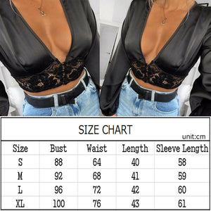 Womens Slim Sexy T Shirt Low Cut Club Cropped Tops Ladies Plunge Deep V Neck Shirt Black Lace Patched T-Shirts