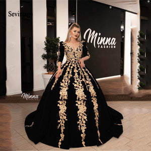 Sevintage Elegant 2020 Gold Lace Appliqued Muslim Evening Dresses Dubai Arabic Half Sleeve Evening Gowns Formal Pageant Dress