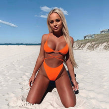 Load image into Gallery viewer, Cross Bandage Fluorescent Swimsuit Brazilian Beachwear Bathing Suit