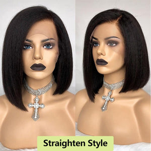 Kinky Straight 13x6 Lace Front Human Hair Wigs 180 Density Coarse Yaki Brazilian Short Bob 360 Lace Frontal Wig Dolago Full