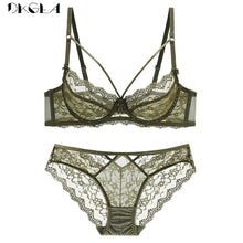 Load image into Gallery viewer, Green Bra and Panties Sets Ultrathin Brassiere Sexy Underwear Set Transparent Bras Plus Size Women Lace Lingerie Set Embroidery