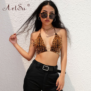 ArtSu Halter Backless Sexy Crop Tank Top Women Bandage Club Cropped Top Ladies Lace Up Leopard Print Streetwear Summer Tops 2020