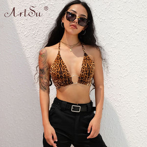 ArtSu Halter Backless Sexy Crop Tank Top Women Bandage Club Cropped Top Ladies Lace Up Leopard Print Streetwear Summer Tops 2020