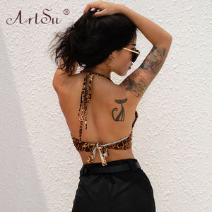 ArtSu Halter Backless Sexy Crop Tank Top Women Bandage Club Cropped Top Ladies Lace Up Leopard Print Streetwear Summer Tops 2020