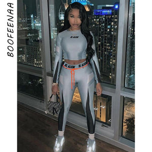 BOOFEENAA Sexy Bodycon Two Piece Set Long Sleeve Crop Top and Sweat Pants Women Clothes Winter Outfits Matching Sets C87-AF36