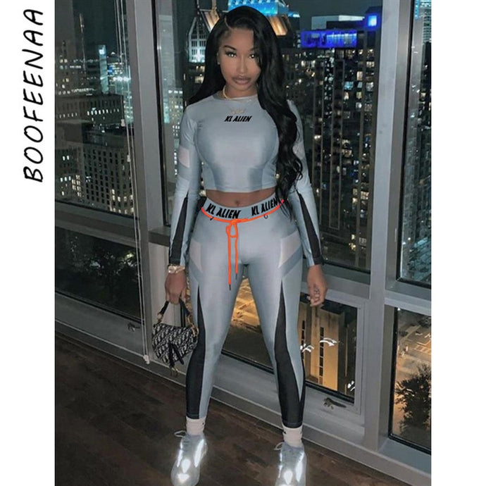 BOOFEENAA Sexy Bodycon Two Piece Set Long Sleeve Crop Top and Sweat Pants Women Clothes Winter Outfits Matching Sets C87-AF36