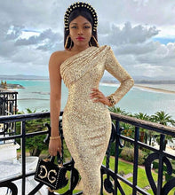 Load image into Gallery viewer, 2020 Women Sexy Designer Bling One Shoulder Sequins Gold Silver Party Dress Elegant Evening Celebrity Chic Party Dress Vestido