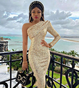 2020 Women Sexy Designer Bling One Shoulder Sequins Gold Silver Party Dress Elegant Evening Celebrity Chic Party Dress Vestido