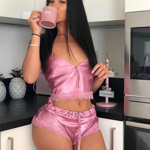 Ladies Sexy Silk Satin Pajama Set Sleeveless Pyjamas Femme Sleep Set Lace Pijama Set Summer Sleepwear For Women Sexy Nightie