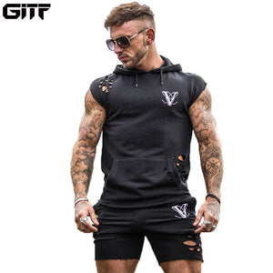 GITF 2019 new Hip hop Hole men sports sets gym Running training suit male street clothing Running Fitness 2-piece sets men