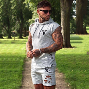 GITF 2019 new Hip hop Hole men sports sets gym Running training suit male street clothing Running Fitness 2-piece sets men