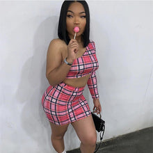 Load image into Gallery viewer, ANJAMANOR Plaid Print Sexy Two Piece Set One Shoulder Long Sleeve Crop Top Skirt Matching Sets Club Outfits Spring 2020 D0-AC72
