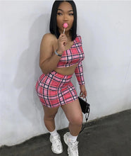 Load image into Gallery viewer, ANJAMANOR Plaid Print Sexy Two Piece Set One Shoulder Long Sleeve Crop Top Skirt Matching Sets Club Outfits Spring 2020 D0-AC72