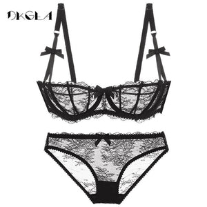 Ultrathin Underwear Set Plus Size 34 36 38 E Cup Sexy Bras Lingerie Lace Women Transparent Bra Set Pink Brassiere Half Cup White