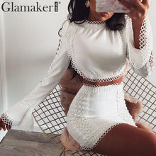 Load image into Gallery viewer, Glamaker Lace white bodycon mini dress Women two piece suit flare sleeve summer beach dress Elegant short sexy party club dress