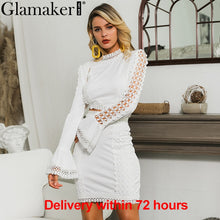 Load image into Gallery viewer, Glamaker Lace white bodycon mini dress Women two piece suit flare sleeve summer beach dress Elegant short sexy party club dress