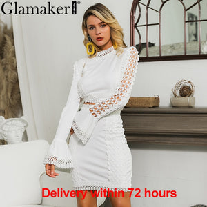 Glamaker Lace white bodycon mini dress Women two piece suit flare sleeve summer beach dress Elegant short sexy party club dress