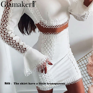 Glamaker Lace white bodycon mini dress Women two piece suit flare sleeve summer beach dress Elegant short sexy party club dress