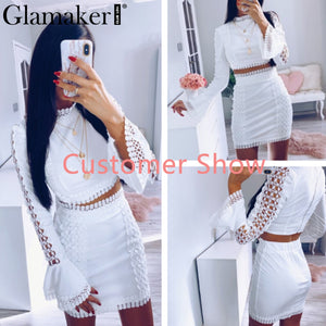 Glamaker Lace white bodycon mini dress Women two piece suit flare sleeve summer beach dress Elegant short sexy party club dress