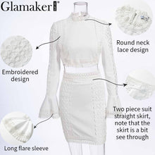 Load image into Gallery viewer, Glamaker Lace white bodycon mini dress Women two piece suit flare sleeve summer beach dress Elegant short sexy party club dress