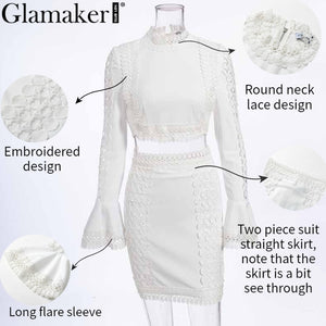 Glamaker Lace white bodycon mini dress Women two piece suit flare sleeve summer beach dress Elegant short sexy party club dress