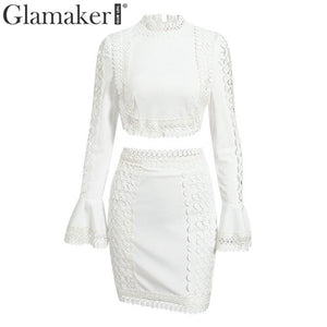 Glamaker Lace white bodycon mini dress Women two piece suit flare sleeve summer beach dress Elegant short sexy party club dress