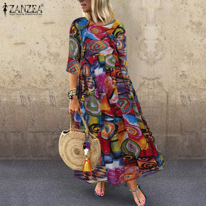 2020 Summer Bohemian Printed Dress ZANZEA Long Maxi Dresses Women Vintage Vestido Robe Pleated Plus Size Femme 3/4 Sleeve Tunic