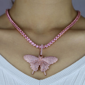 12mm Iced out Cuban Pink Butterfly Necklace Rose Gold Chain CZ Luxury Necklace Bling Bling Hip Hop Jewelry For Men Women Gift