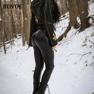 Women's Spring New Brushed High Waist PU Leather Pants Black Leggings Female Shinny Pencil Pants Elastic Trousers Female YFL-021