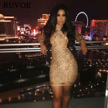 Load image into Gallery viewer, 2019 Spring Women Gold Mesh Sexy Long Sleeve High Neck Sequin New Year Party Dress runway dress Knee Length wholesale YQ-79