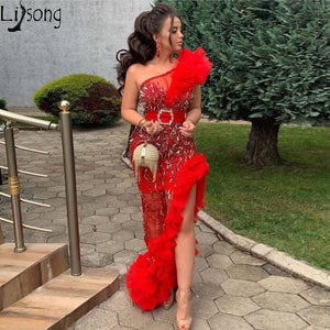 2020 Couture Irregular Mermaid Prom Dresses Red Split One Shoulder Chic Evening Dress Lace Beads Ruffled Tulle Formal Party Gown