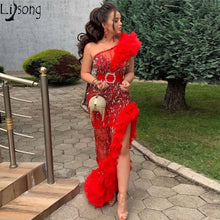 Load image into Gallery viewer, 2020 Couture Irregular Mermaid Prom Dresses Red Split One Shoulder Chic Evening Dress Lace Beads Ruffled Tulle Formal Party Gown