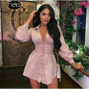 NewAsia Long Sleeve Shirt Dress With Corset Belt Casual Dress Women Vintage Sexy Dress Pink Fashion Party Dresses White 2020 New