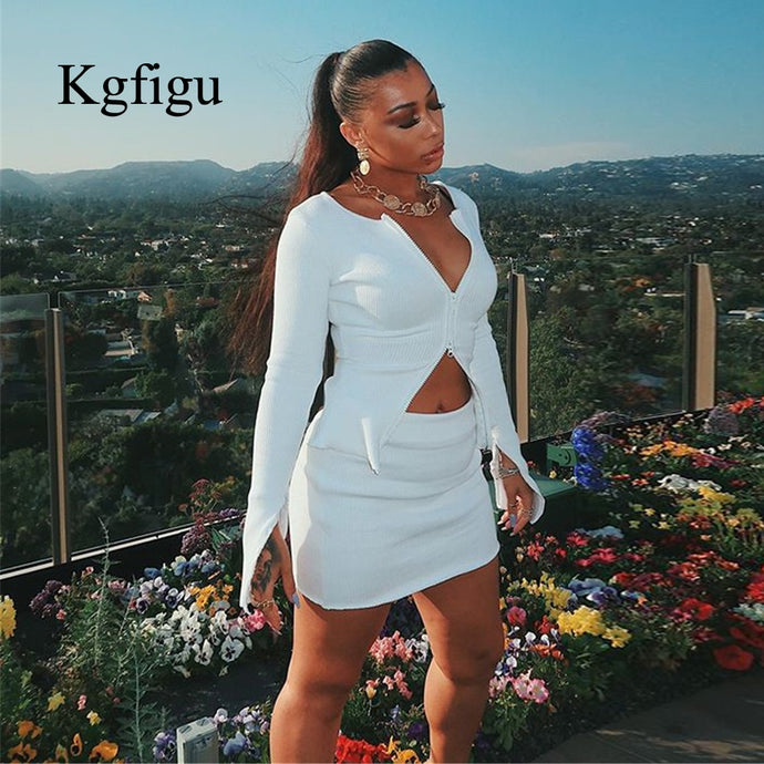 KGFIGU ribbed tops and skirts sets 2019 Autumn two pieces sets sexy zipper full sleeve white matching sets outfits