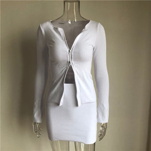 KGFIGU ribbed tops and skirts sets 2019 Autumn two pieces sets sexy zipper full sleeve white matching sets outfits