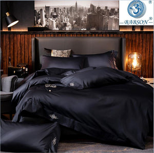 Black egyptian cotton Bedding sets Queen King size Embroidery Bed Duvet cover Bed sheets/fitted sheet linen set hotel bed set